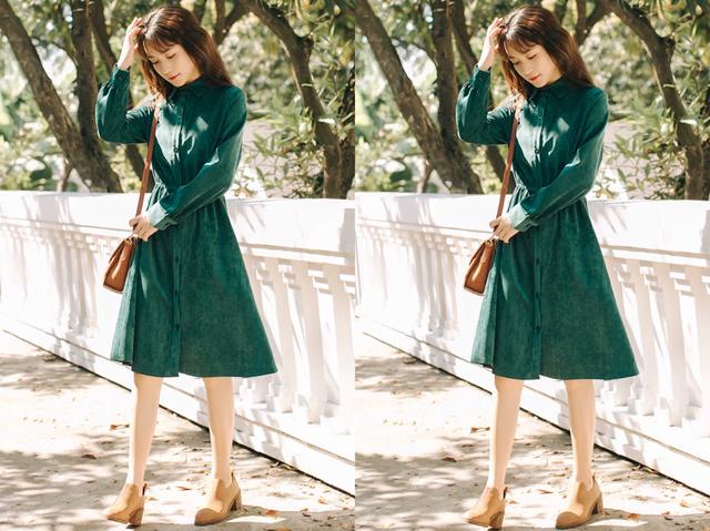 今年流行的绿色连衣裙，配对了鞋子春天穿美太多了！